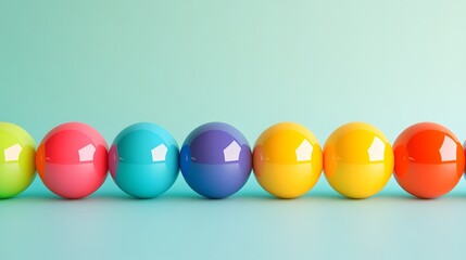 Colorful glossy spheres arranged in a row on a blue background