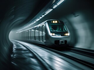 Naklejka premium High-Speed Train Traveling Through Dark Tunnel at Night
