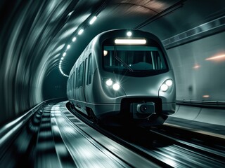 Fototapeta premium High-Speed Train Traveling Through Modern Subway Tunnel at Night