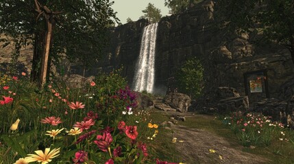 A serene waterfall surrounded by vibrant flowers and lush greenery.