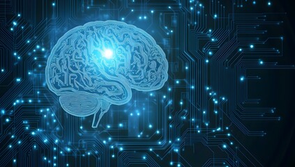 Futuristic Digital Brain Hologram with Neural Network on Circuit Board