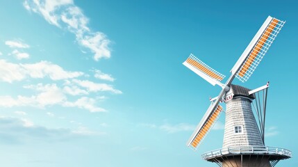 Obraz premium A windmill stands against a clear blue sky with scattered clouds.