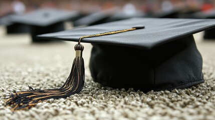 Black graduation cap with tassel on textured surface