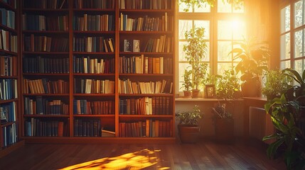 Literary Haven: Sunlight streams through a window, illuminating a grand library filled with bookshelves and the warm glow of reading, creating a tranquil atmosphere