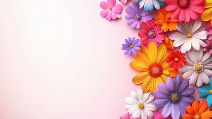 Fototapeta premium Colorful Floral Border: A vibrant collection of colorful paper flowers arranged in a border design on a soft pink background, perfect for adding a cheerful touch to any project. 