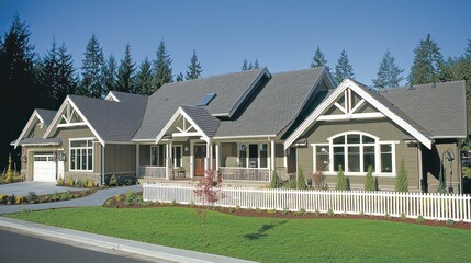 Obraz premium A modern house with a landscaped yard and trees in the background.