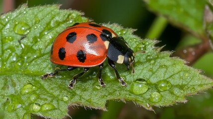 Close-Up of a Vibrant Red Ladybug with Black Spots on a Green Leaf Surrounded by Water Droplets in a Natural Garden Setting