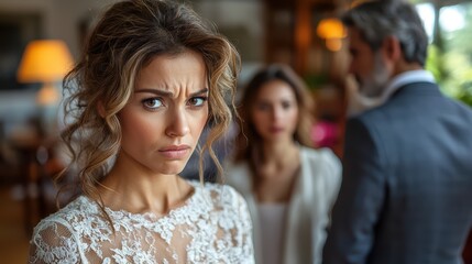 Concerned caucasian bride in wedding dress observes uncertain conversation