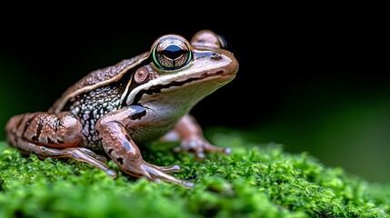 Fototapeta premium A frog sitting on a moss covered rock