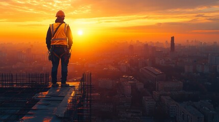 Fototapeta premium Worker on Rooftop at Sunset Over City Skyline Construction Site