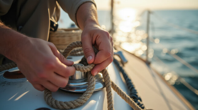 Male hands tying knot on sailboat at sunset in ocean waters