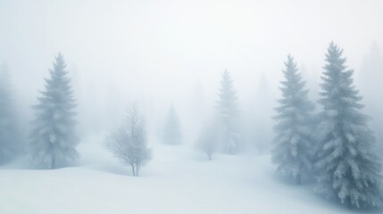 Fototapeta premium Serene Winter Landscape with Snow-Covered Trees and Misty Atmosphere in a Dreamy Forest Setting Ideal for Tranquil Nature Visuals