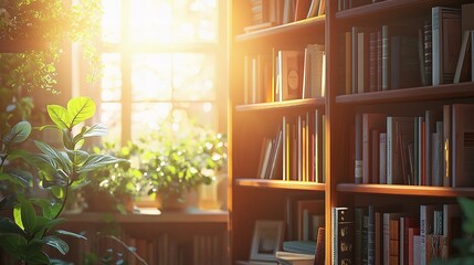 Sunlit Library: Sunlight streams through a window, illuminating a cozy library filled with bookshelves overflowing with literary treasures.