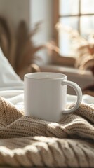 Cozy White Mug on Knitted Blanket Near Sunlit Window