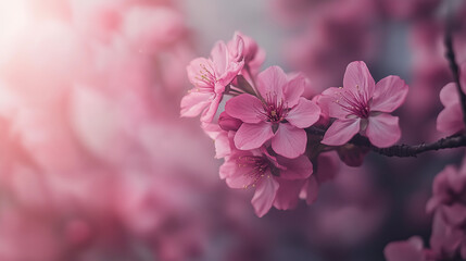 Pink cherry blossoms in soft focus with sunlight creating dreamy atmosphere