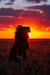 Naklejka premium Majestic lion silhouetted against vibrant sunset, exuding strength and grace
