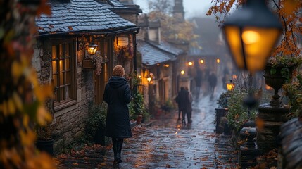 Obraz premium Woman walks autumnal, rain-soaked cobblestone lane.
