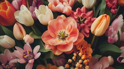 Obraz premium Springtime Bouquet: A vibrant and cheerful display of colorful tulips and other spring blooms in full bloom, evoking feelings of joy and renewal. The delicate petals, soft hues.