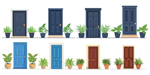 Front door with two pots with plants. Cartoon house illustration