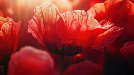 Closeup View of Bright Red Poppies with Detailed Flower Petals