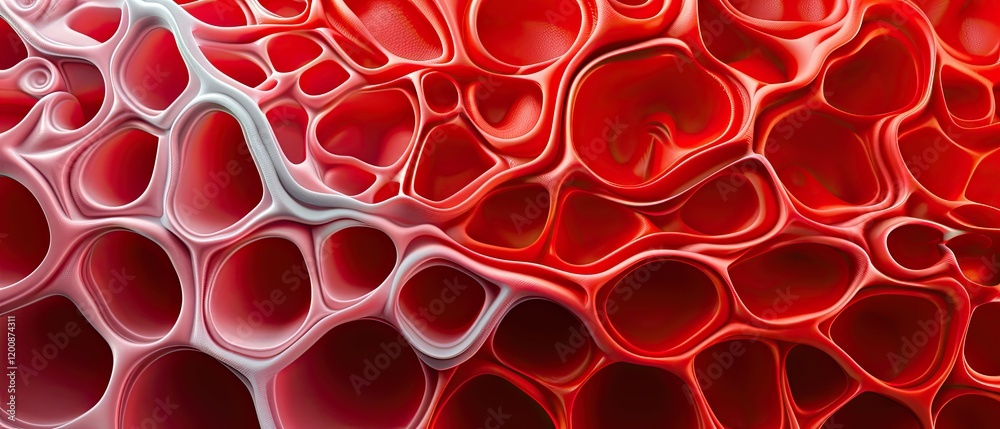 Wall mural abstract red cellular structure with organic shapes and textures.