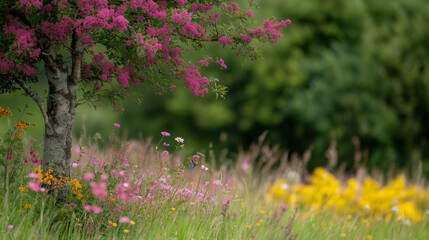 Naklejka premium vibrant meadow with blooming pink tree and colorful wildflowers creates serene and picturesque scene. lush greenery and diverse flora evoke sense of tranquility and natural beauty