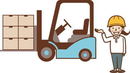  フォークリフトと女性作業員。