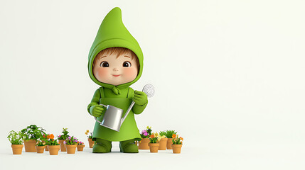 Adorable Cartoon Gardener Child Watering Potted Plants Spring Gardening Cute 3D Render