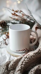Cozy White Mug Surrounded by Knit Blanket and Natural Elements