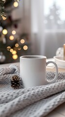 Cozy Winter Scene with Mug and Pinecone on Soft Knit Blanket