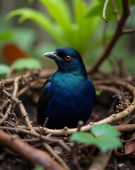 Glossy Iridescent Starling Perched Nest Branches Foliage Detailed Close Up

