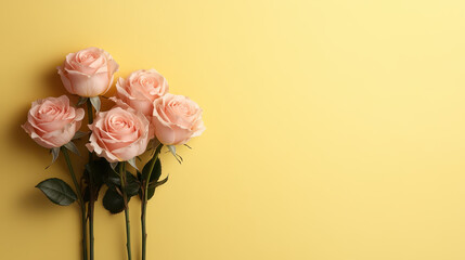 Fototapeta premium Fresh pink roses arranged beautifully against yellow background