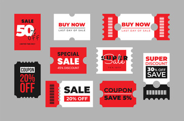 Set discount coupon templates with sale text. Concept voucher for special offer, promotion, announcement, advertising, black friday. Red, black, white vector illustration