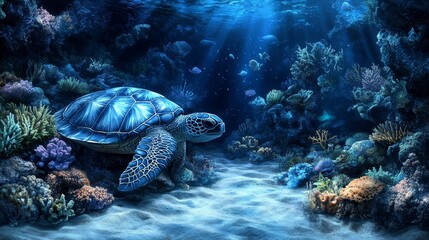Obraz premium Majestic Sea Turtle Amidst Vibrant Coral Reef Ecosystem