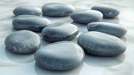 Smooth, gray stones arranged on a surface.