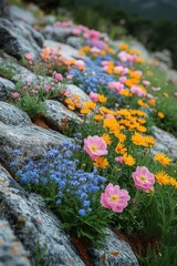 Obraz premium Colorful flowers blooming among rocks.