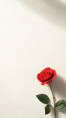 close up of single red rose on light cream background, symbolizing love