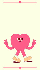 Vertical story template with walking heart character in retro groovy style. Social media post with psychedelic mascot. Vector illustration, copy space