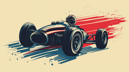 Obraz premium Retro racing car vector icon of race sport competition. Vintage speed car isolated symbol of old classic vehicle with racer in helmet, wind screen and red speed motion trail