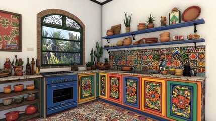 Colorful kitchen with vibrant tiles and rustic decor elements.