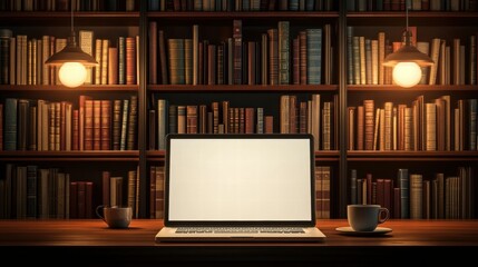 Laptop with blank screen on table in Modern library or bookstore interior with Learning and coworking space,relax zone,Library with rows of bookshelves,school or university,education concept.