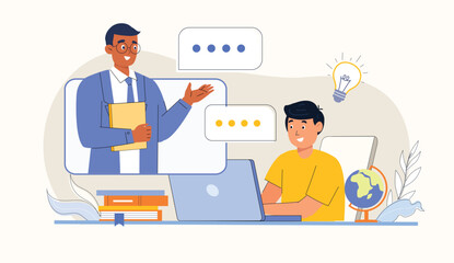 Interactive Online Education Illustration Session with Teacher and Student A teacher and student engaging in an interactive online education session, with digital tools.