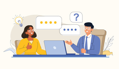 Job Hiring Illustration with Interview and Communication Shows a virtual or in-person job interview with communication between the interviewer and candidate.