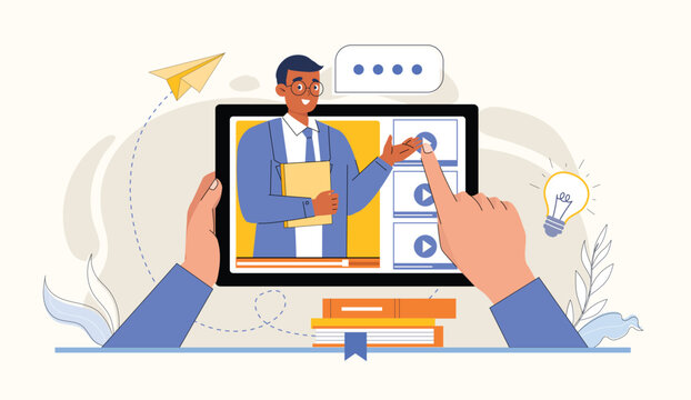 Interactive Online Education Illustration with Teacher Using Tablet for Video Learning A teacher using a tablet to guide a group of students in a virtual learning environment.