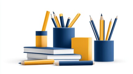Assorted Pencils, Pens, and Notebooks in Blue and Yellow Holders