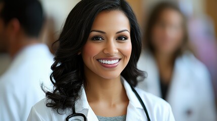 Fototapeta premium Smiling hispanic female young doctor in white coat at medical facility