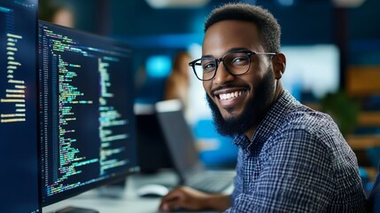 Fototapeta premium smiling software developer looking into the camera, bright blue background, concept: Skilled workers, shortage of skilled workers, recruiting, 16:9