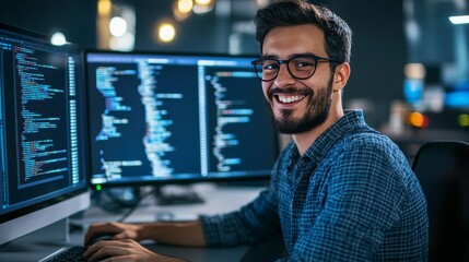 smiling software developer looking into the camera, bright blue background, concept: Skilled workers, shortage of skilled workers, recruiting, 16:9