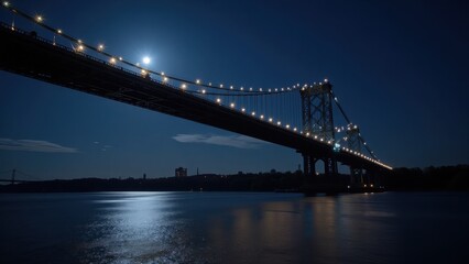 Fototapeta premium Bathed in moonlight, the George Washington Bridge spans a reflective waterway. Luminous strands adorn its towers under a starlit sky