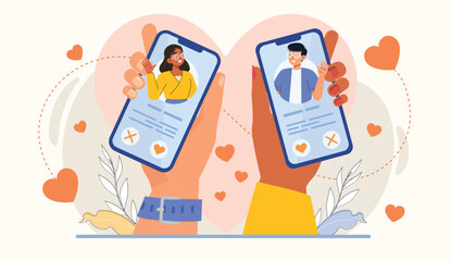 Online Dating Illustration 100 Percent True Love Found Symbolizes a successful and true love connection between two online dating users.